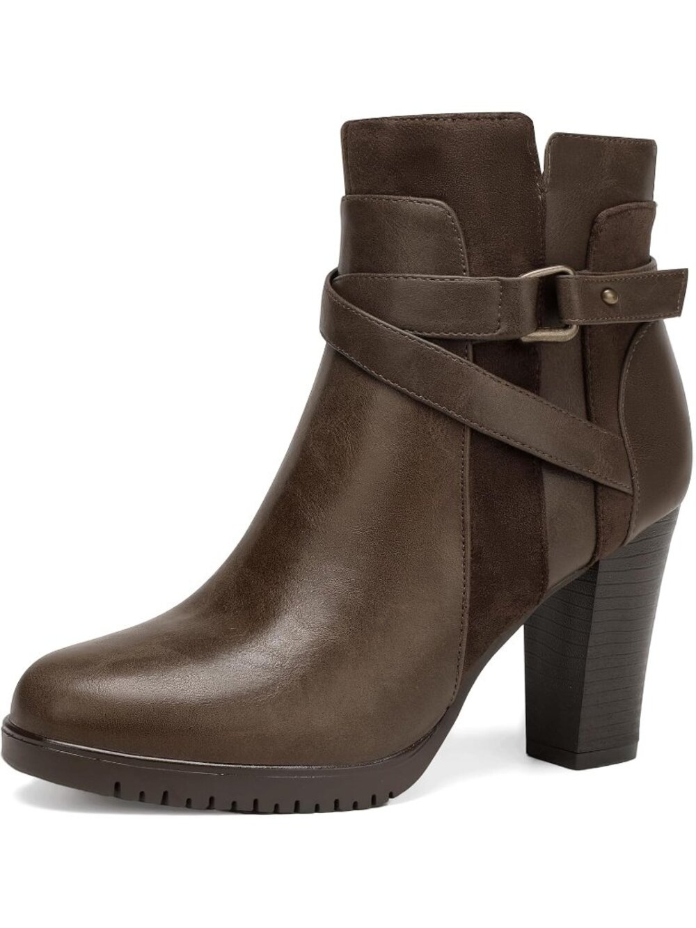 Women's Taupe Round Toe Side Zipper Buckle Strap Chunky Stacked Heel Ankle Boots